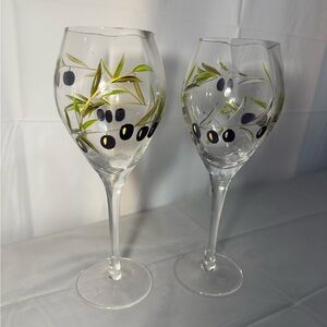 Hand-Painted Etched Pair of Wine Glasses with Olive Design Romania 10”